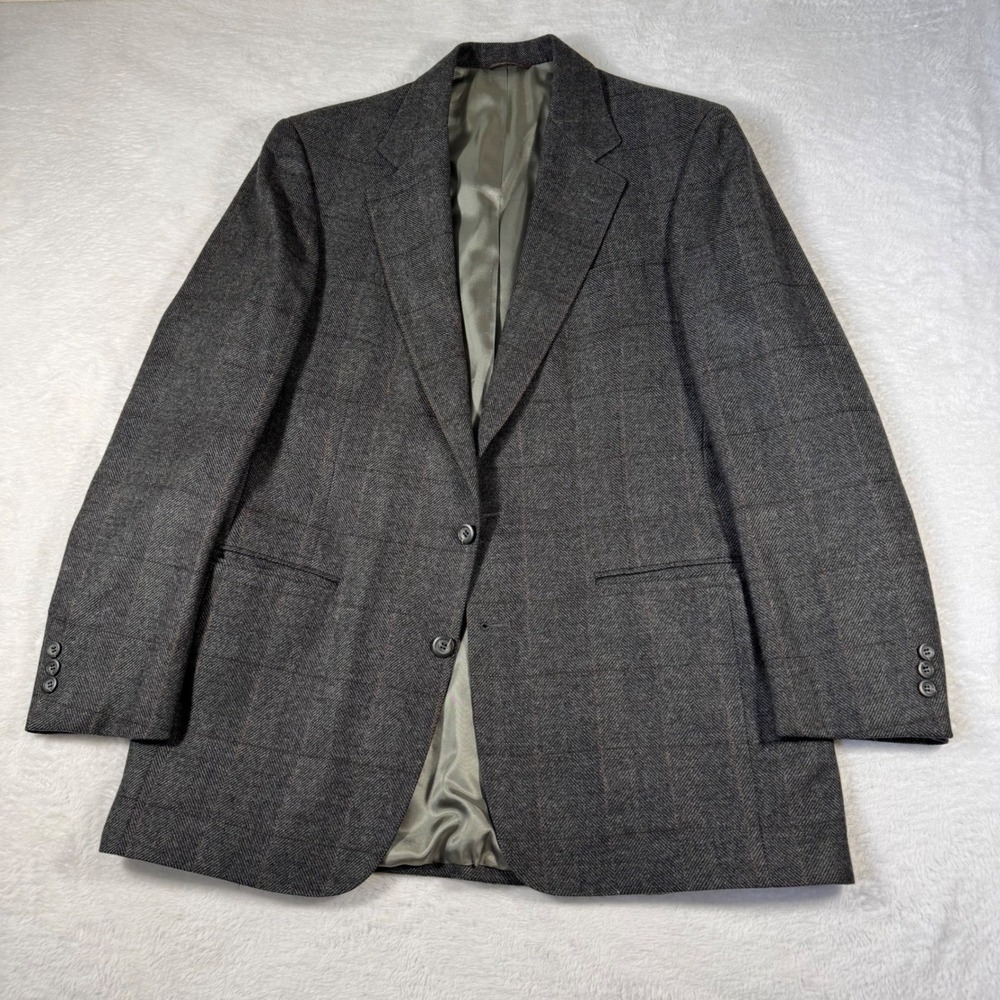Cricketeer Blazer Jacket Men 40R Grey Wool Herringbone Windowpane USA Sport Coat